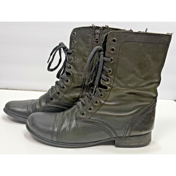 Steve Madden Troopa Combat Boots Dark Green Leather Boho Lace Up Women's 8 Zip - Picture 1 of 6